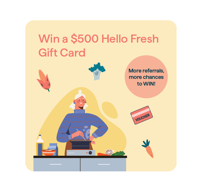 Refer A Friend prize graphic, win a $500 Hello Fresh Gift Card.