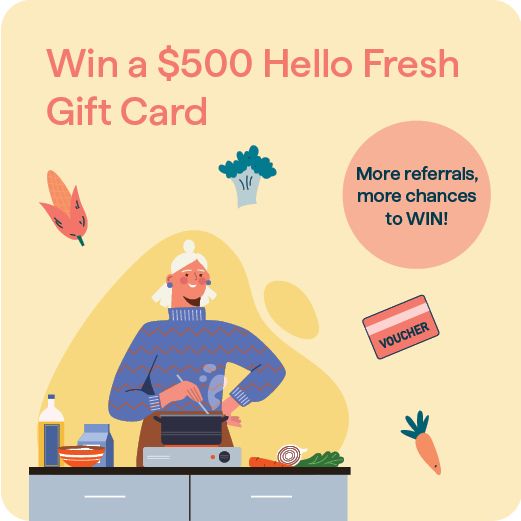 Refer A Friend prize graphic, win a $500 Hello Fresh Gift Card.