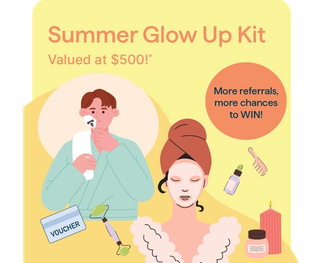 Refer A Friend prize graphic, win a $500 Summer Glow Up Kit.