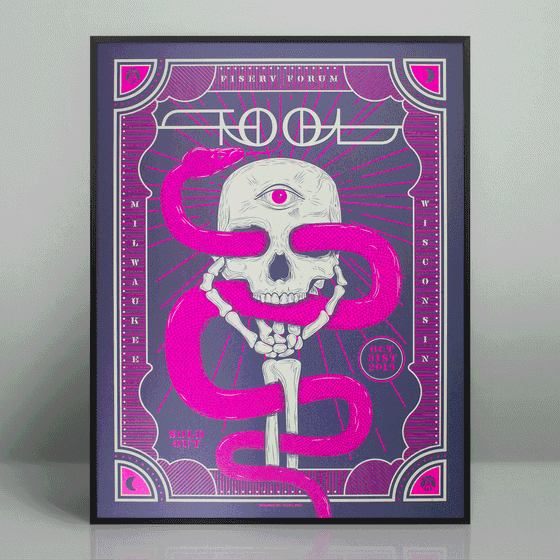 Tool concert poster from their 2019 Halloween show at the Fiserv Forum in Milwaukee, Wisconsin. Black light reactive.