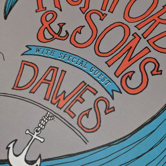 Mumford and Sons concert poster with special guest Dawes. From their August 16th, 2012 performance at the Chicago Theatre in Chicago, Illinois, as part of the 4D concert series sponsored by WXRT, Bud Light and Captain Morgan Black.