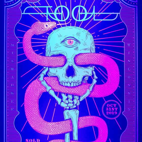 Tool concert poster from their 2019 Halloween show at the Fiserv Forum in Milwaukee, Wisconsin. Black light reactive.