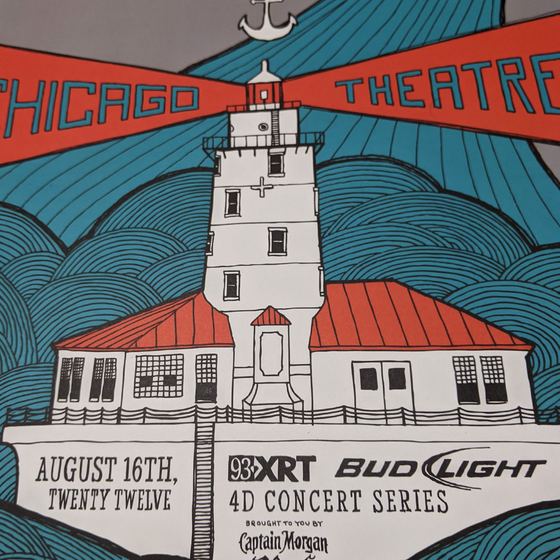 Mumford and Sons concert poster with special guest Dawes. From their August 16th, 2012 performance at the Chicago Theatre in Chicago, Illinois, as part of the 4D concert series sponsored by WXRT, Bud Light and Captain Morgan Black.