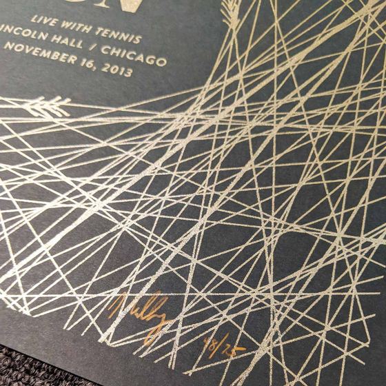 Hand silk screened On An On concert poster for the November 16th, 2013 performance at Lincoln Hall in Chicago, Illinois. Designed by our friend Jack Muldowney of Studio Malt.