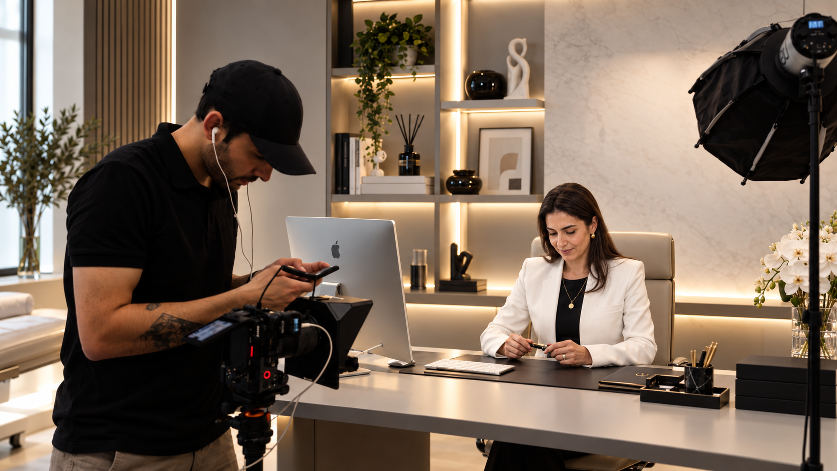 Equipe da Lumine filmando uma profissional em showroom, com refletor montado