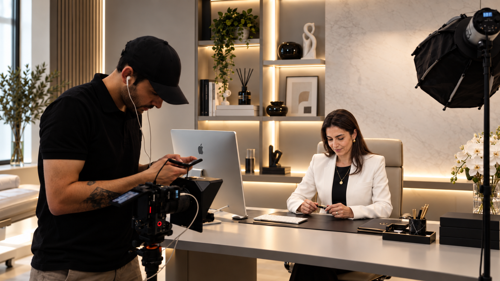 Equipe da Lumine filmando uma profissional em showroom, com refletor montado