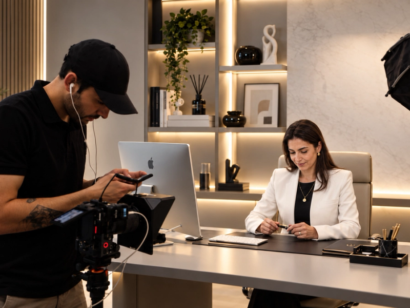 Equipe da Lumine filmando uma profissional em showroom, com refletor montado