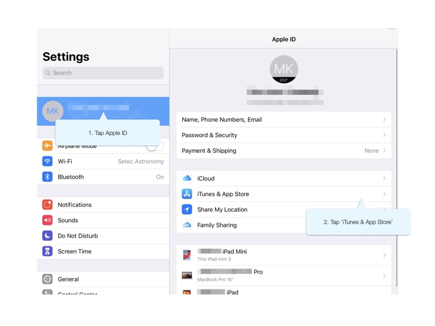 iPad Settings with numbered callouts to tap the Apple ID at top left, then iTunes & App Store in the Apple ID panel.