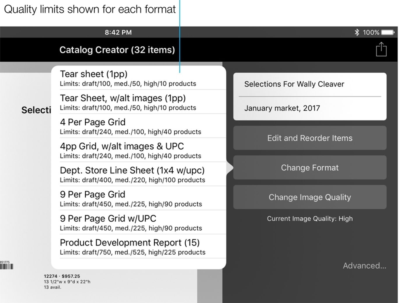 The presentation format selected when starting the presentation can be changed. Just tap the 'Change Format' button and select a different format. You may find it useful to change the format to improve its appearance, or when it's necessary to create presentations with the same items, but for different purposes, or when switching to a different format enables publishing higher resolution product photos.