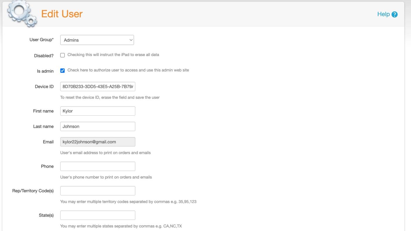 Admin Console Edit User form with User Group, Is admin, name and email fields, plus empty Rep/Territory Code(s) and State(s) fields.