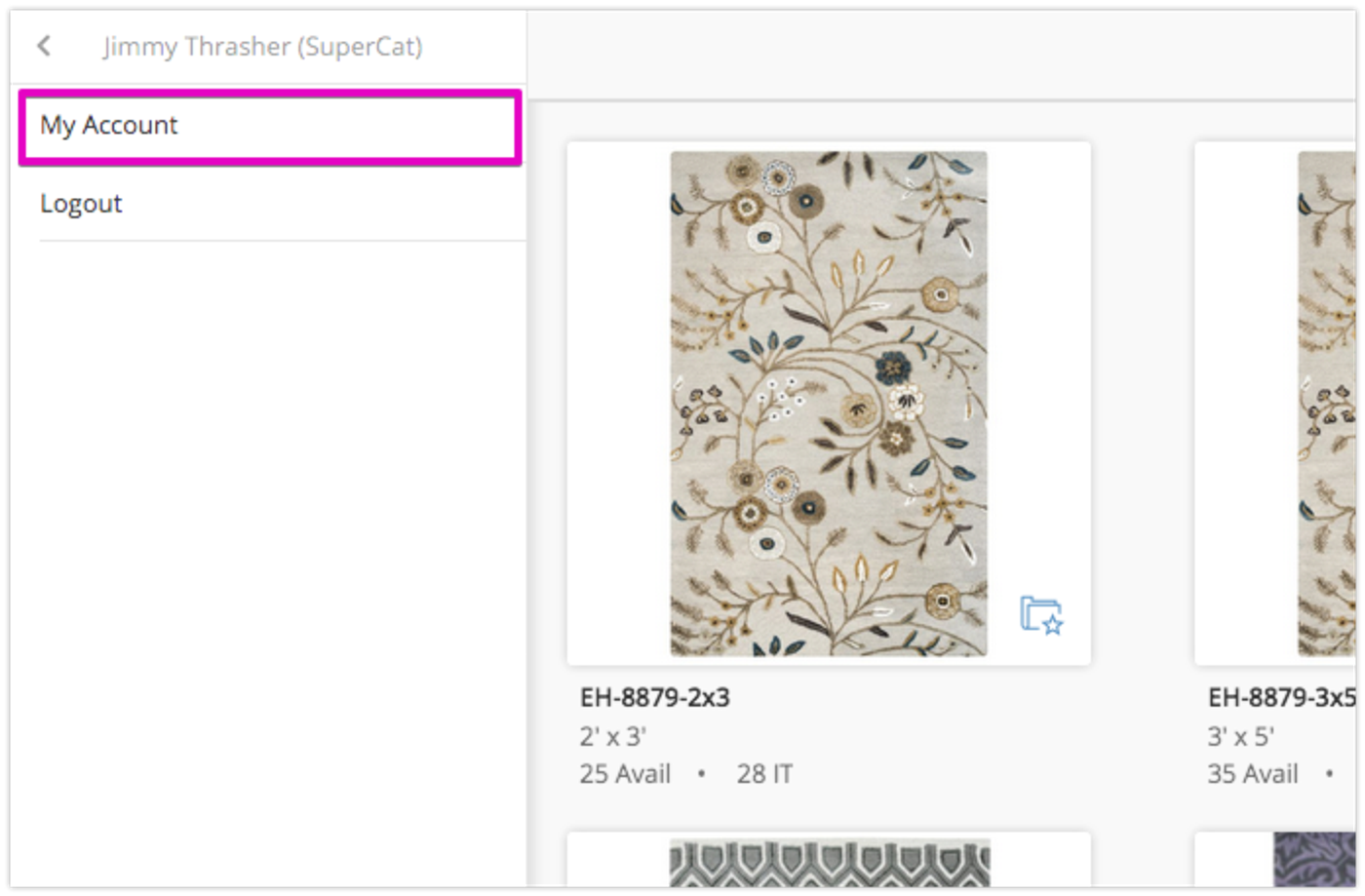 Expanded user menu in the eCat Online sidebar with the My Account link highlighted above Logout.
