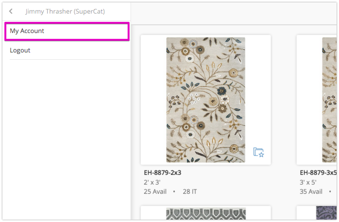 Expanded user menu in the eCat Online sidebar with the My Account link highlighted above Logout.