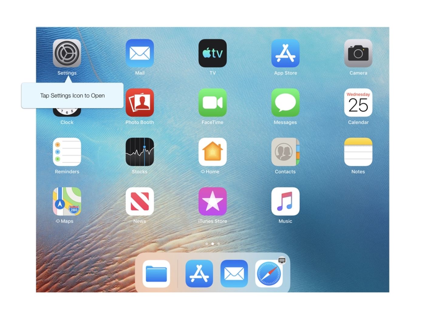 iPad Home Screen with a callout pointing to the Settings icon that reads "Tap Settings Icon to Open".