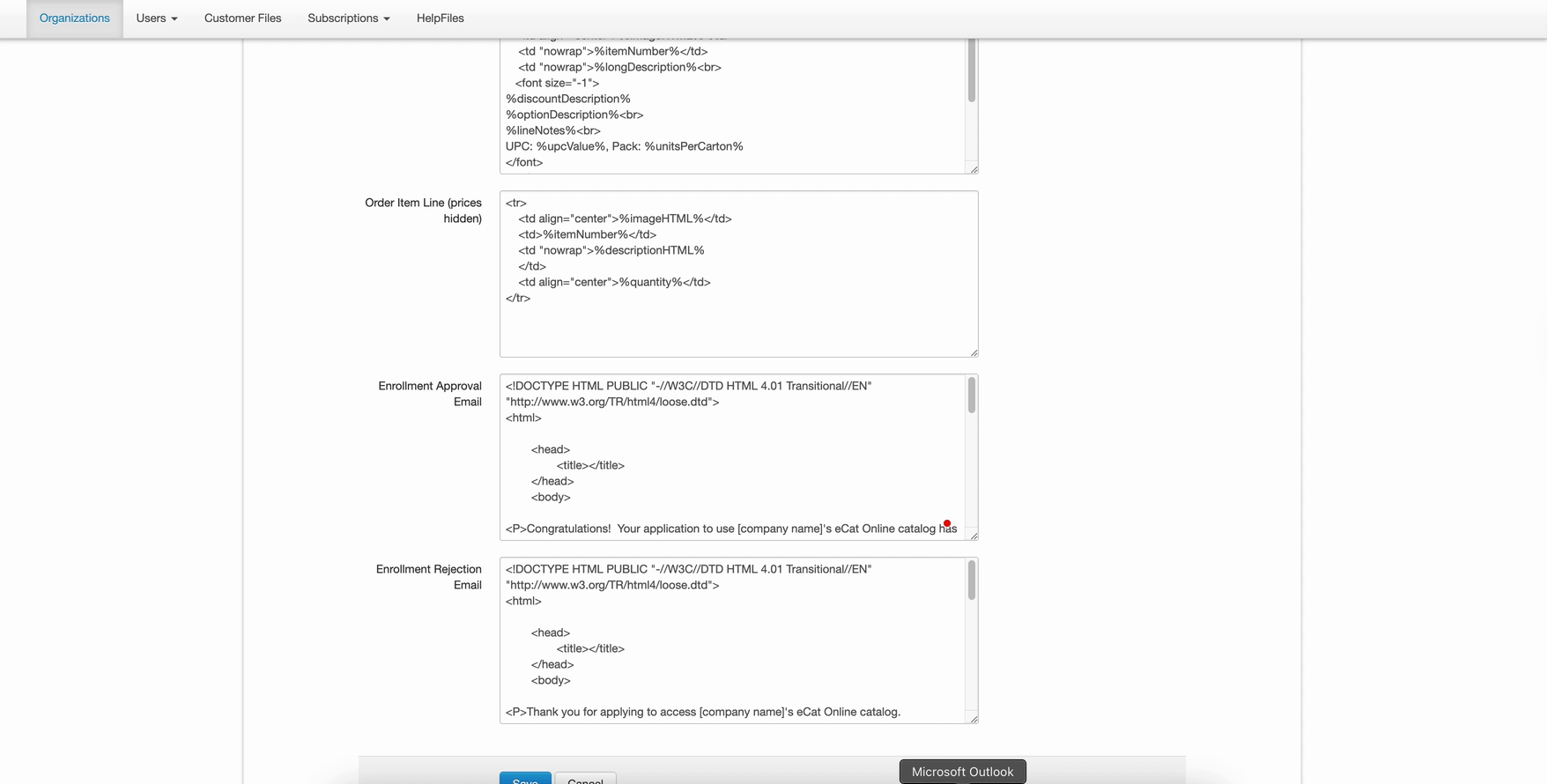 Admin Console organization settings showing the Enrollment Approval and Rejection Email HTML templates with [company name] placeholder text.