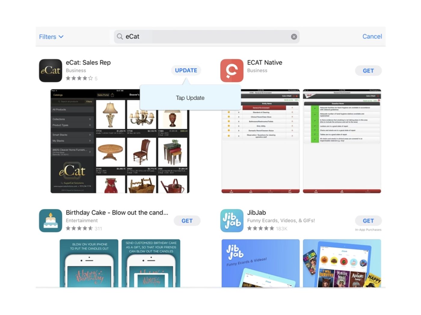 App Store search results for eCat, with a callout on the Update button beside eCat: Sales Rep that reads "Tap Update".