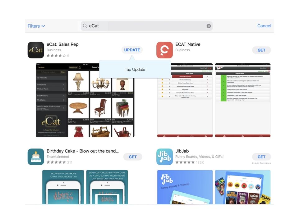 App Store search results for eCat, with a callout on the Update button beside eCat: Sales Rep that reads "Tap Update".