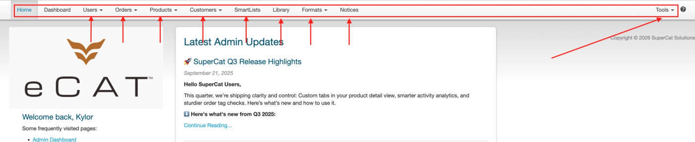 Admin Console top menu with arrows pointing to Users, Orders, Products, Customers, SmartLists, Library, Formats, Notices and Tools.