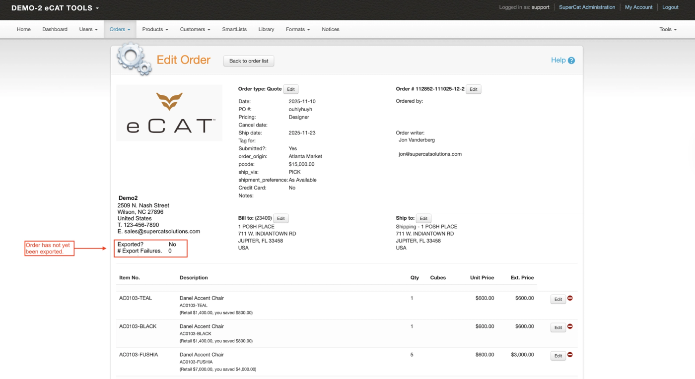 Admin Console Edit Order page with the Exported? No and # Export Failures 0 fields highlighted as not yet exported.