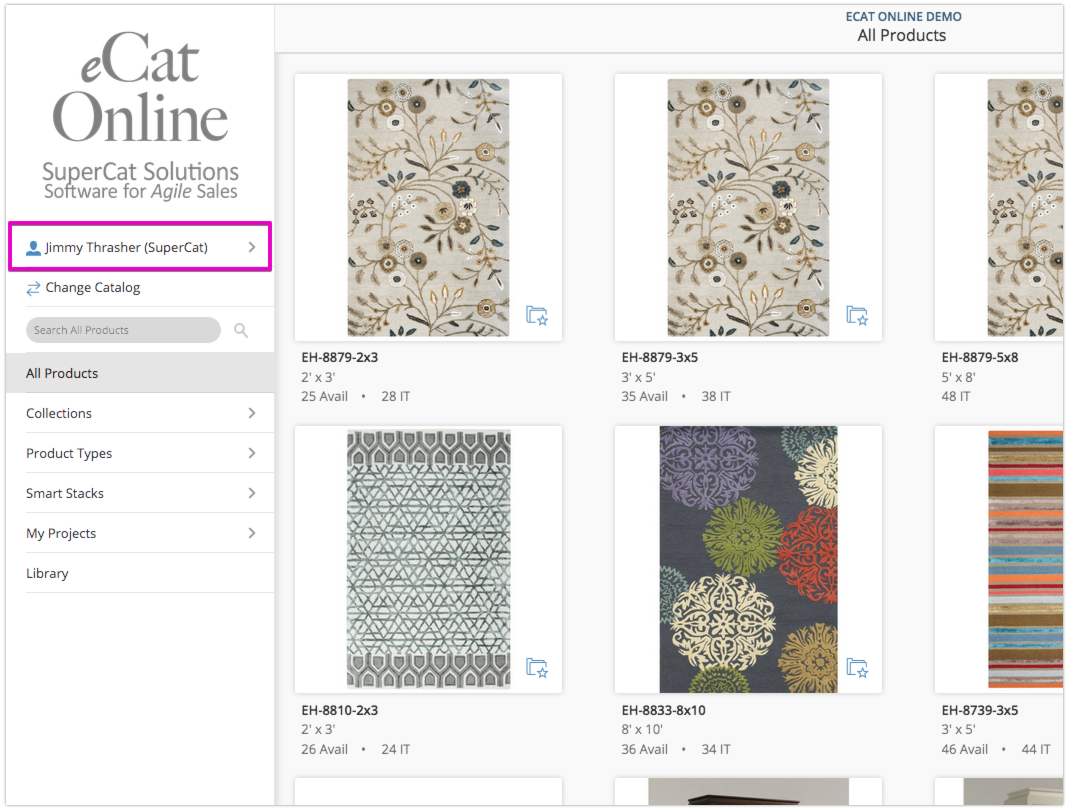 eCat Online sidebar with the signed-in user name highlighted at the top left, just above Change Catalog.