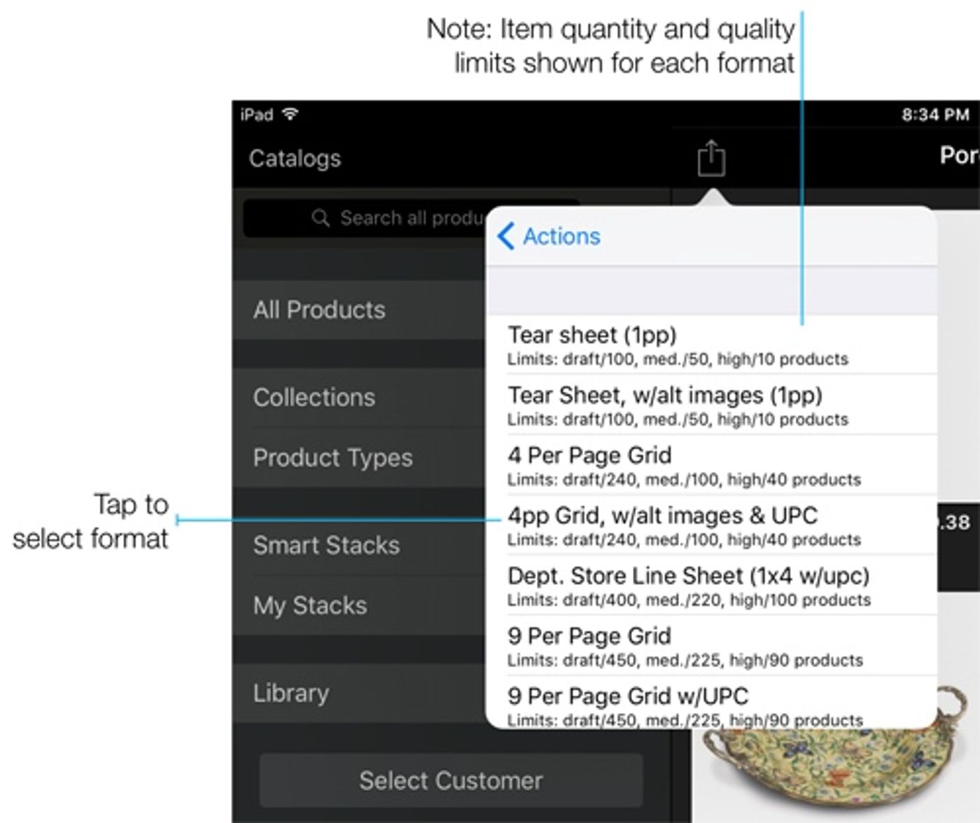 Tap a format name to select the desired presentation format. (This can be changed later.) Note the item count limits shown under each format selection. Image quality will be automatically adjusted based on the format and items selected. Your company can provide presentation layouts customized with the information needed to best serve your customers. So if you don't see exactly what you need in the format selection get in touch with your eCat administrator!