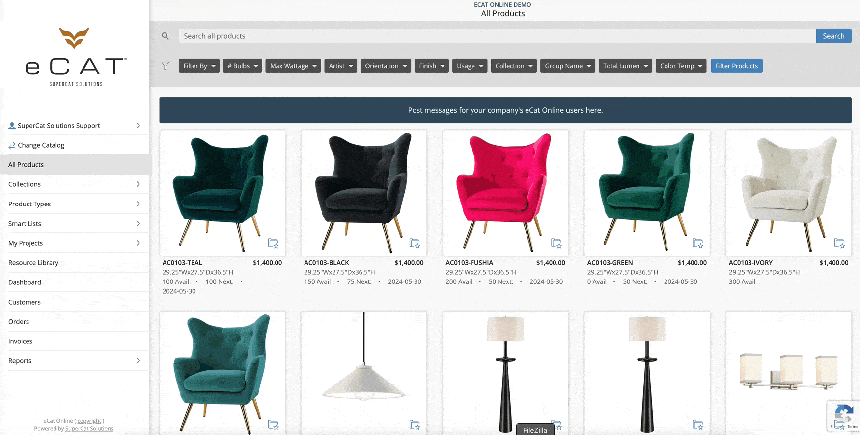 eCat Online All Products page with a search bar and filter dropdowns such as Filter By, Collection and Color Temp above product tiles.