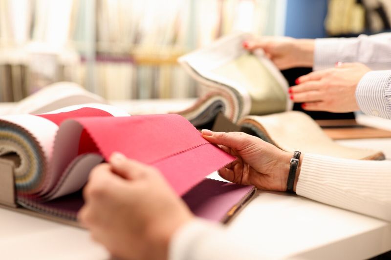 A customer and a sales rep leafing through upholstery fabric swatch books at a showroom table