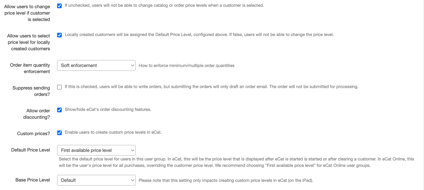 User group pricing settings, including price level change checkboxes, custom prices, and the Default Price Level dropdown.