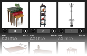 eCat product grid with a minus button, quantity box set to 0 and plus button under each item, used to select or deselect items.