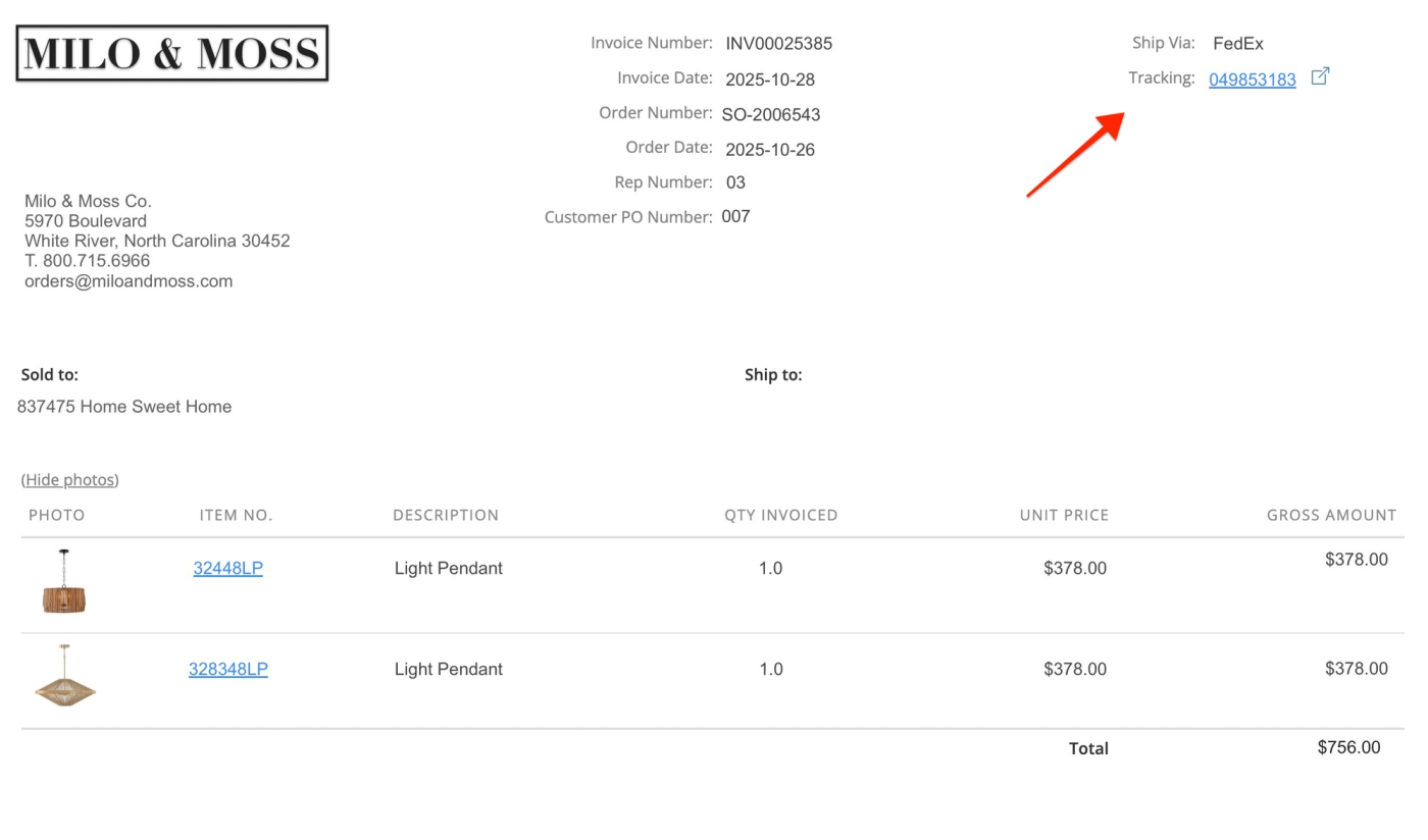 Sample invoice with a red arrow pointing to the linked FedEx tracking number and its external link icon beside Ship Via.