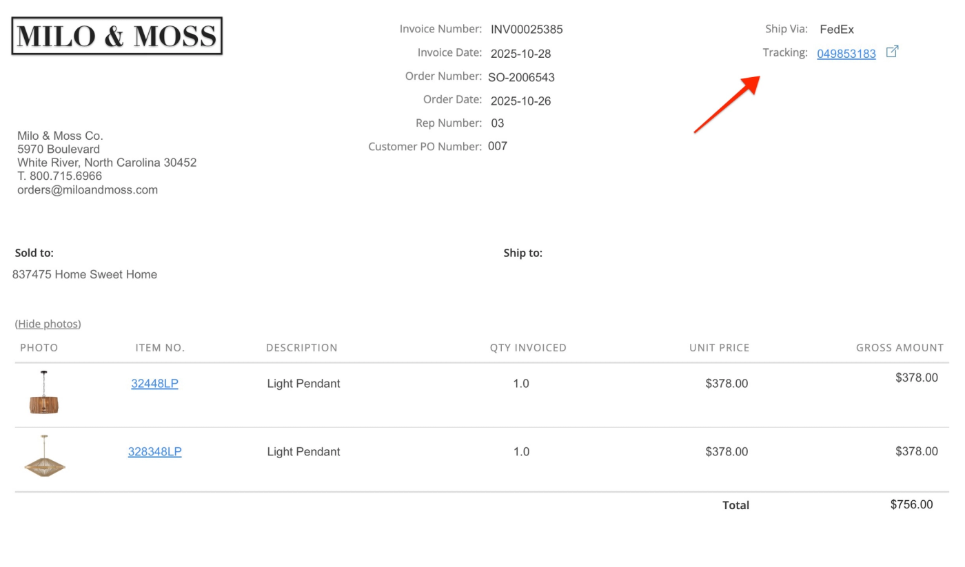Sample invoice with a red arrow pointing to the linked FedEx tracking number and its external link icon beside Ship Via.