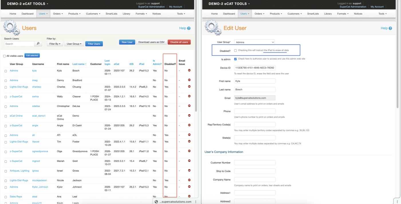 Admin Console Users list with the Disabled? column outlined in red, beside the Edit User form with its Disabled? checkbox outlined.