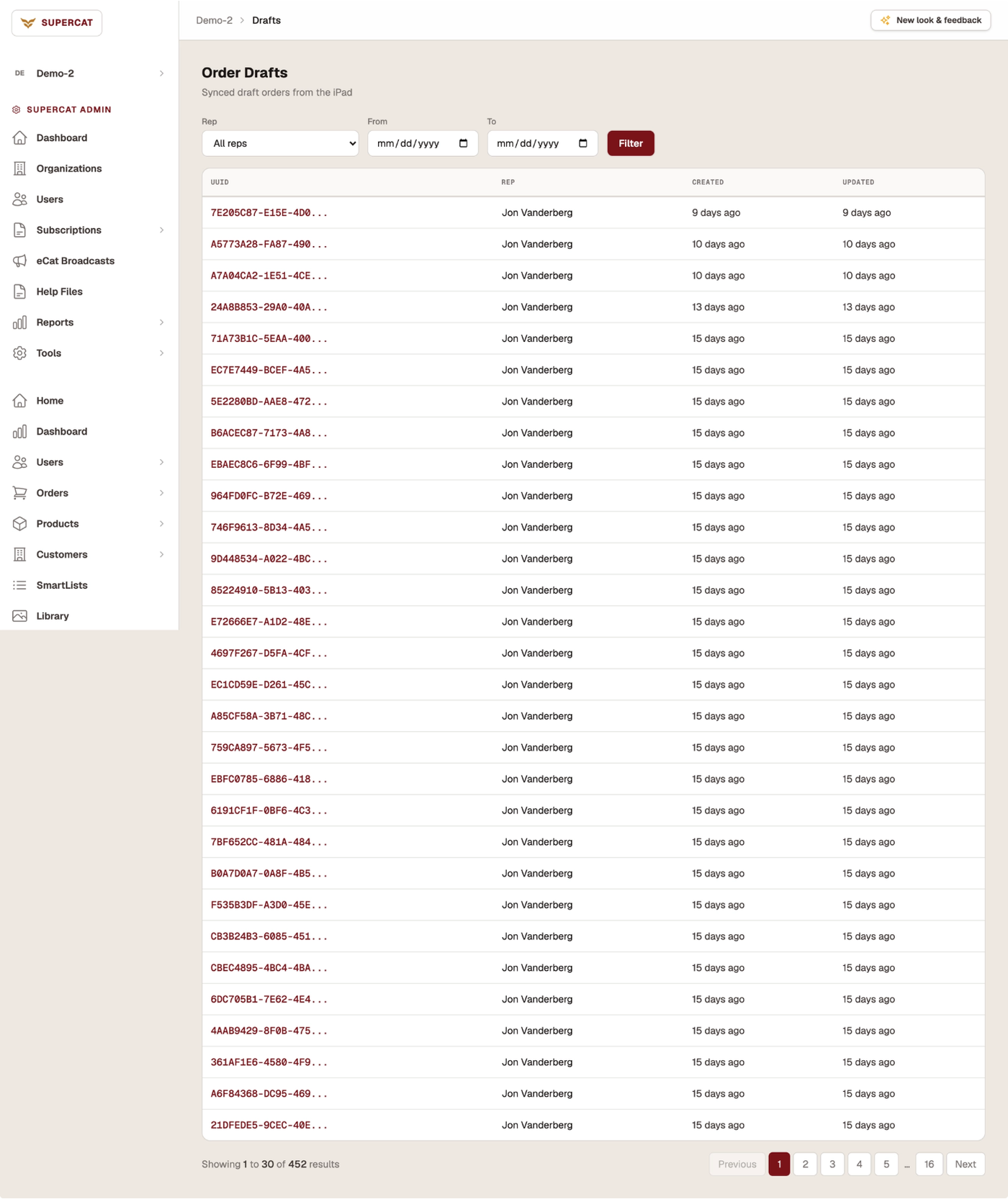 The Order Drafts page in the updated Admin Console, listing draft orders synced from the iPad.