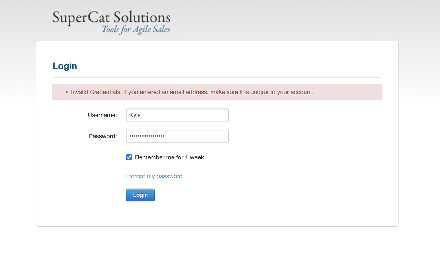 SuperCat Solutions login page showing an "Invalid Credentials" error above the Username and Password fields.