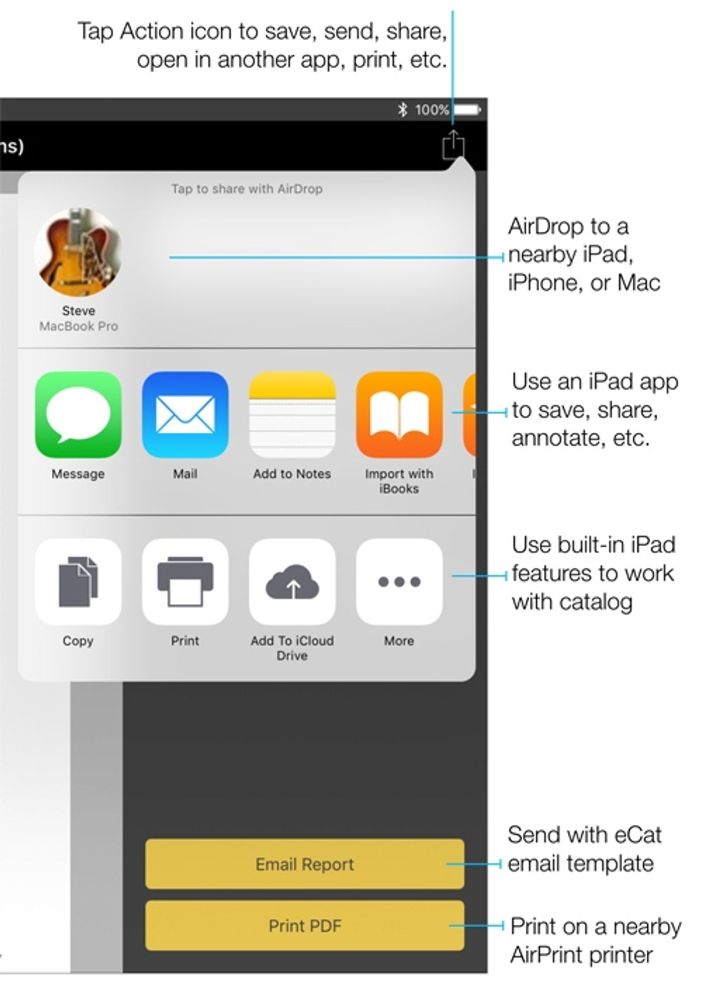Use built in eCat and iPad features to save and share your presentation as many ways as needed. Here are some ideas.
Save it to iBooks for future reference
Use iCloud to access on your Apple devices Share with a service like DropboxUse iMessage to text it to a phone.Annotate it with an app like PDFXpertAirdrop it to a nearby iPad, iPhone, or Macand of course, email or print it!