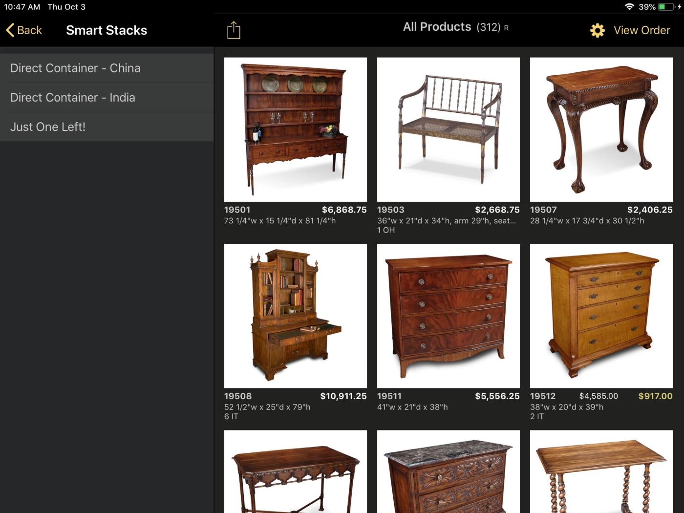 eCat iPad app with the Smart Stacks panel listing Direct Container - China, Direct Container - India and Just One Left! in order.