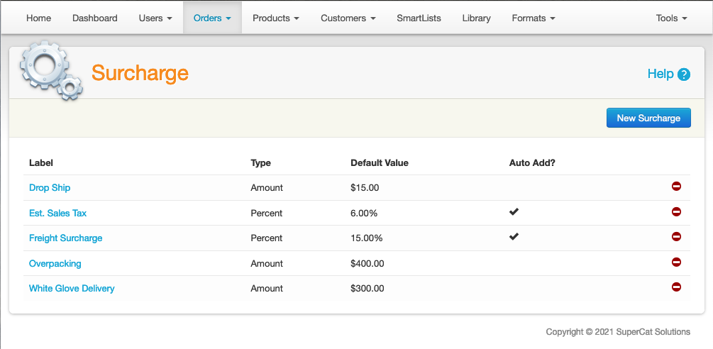 Surcharge configuration screen
