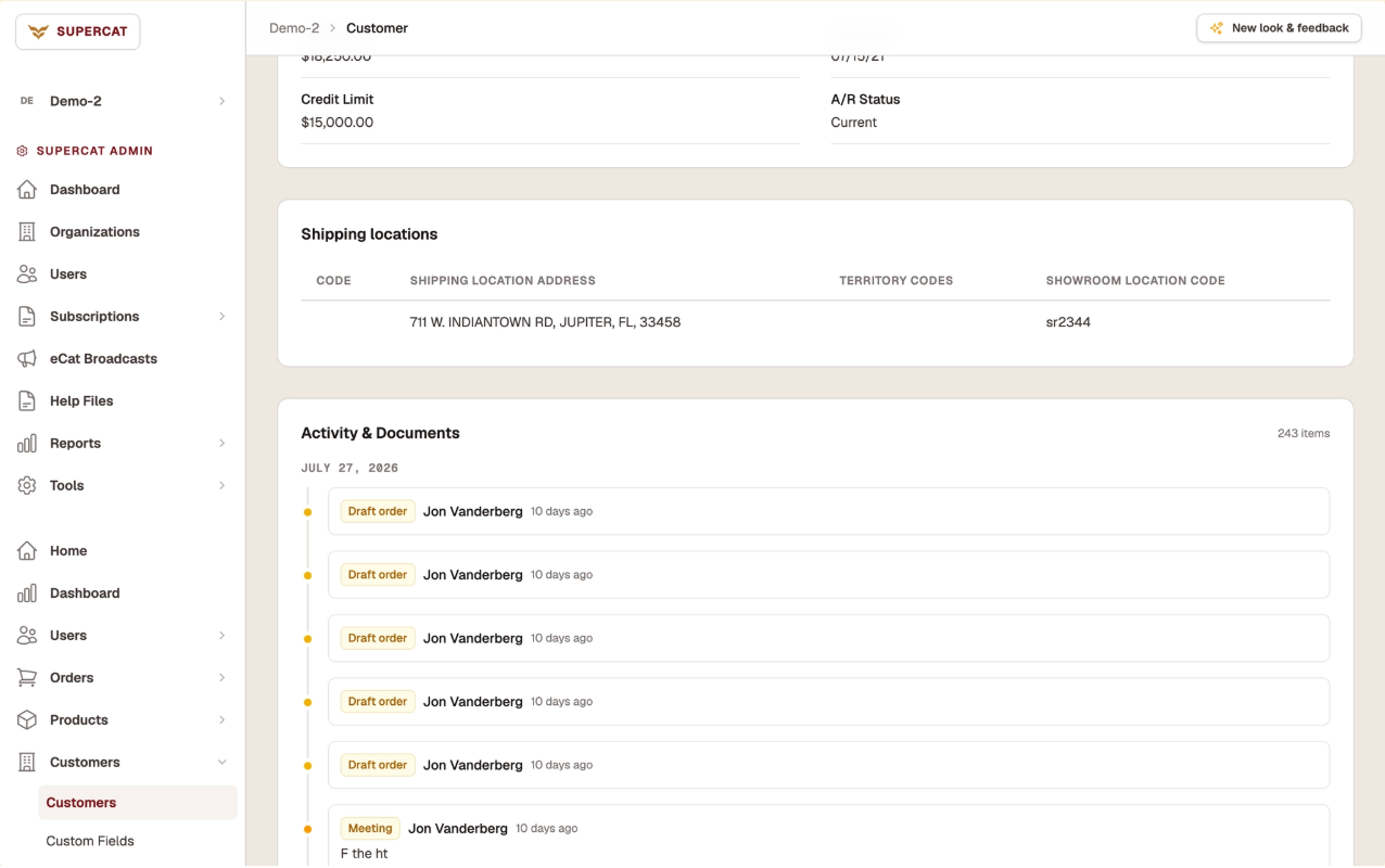A customer detail page in the updated Admin Console with the Activity and Documents timeline, showing logged meetings interleaved with draft orders.