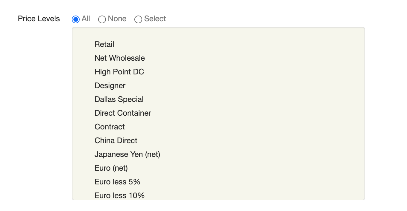 Price Levels setting with All selected, listing levels such as Retail, Net Wholesale, Designer and Contract.