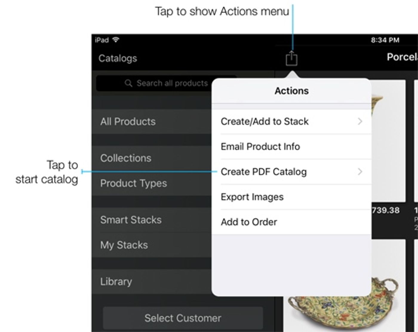 To begin presentation creation, tap the actions icon in Quick/Grid View. Then tap 'Create Presentation'. The menu will slide to the left and reveal a list of available formats from which to choose.