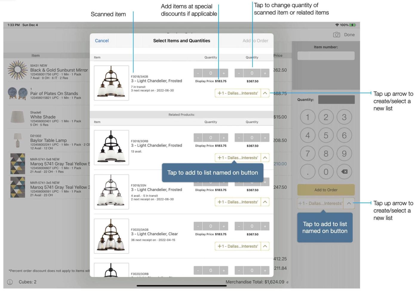 eCat iPad Select Items and Quantities dialog with callouts on the add-to-list button and its up arrow for choosing a list.