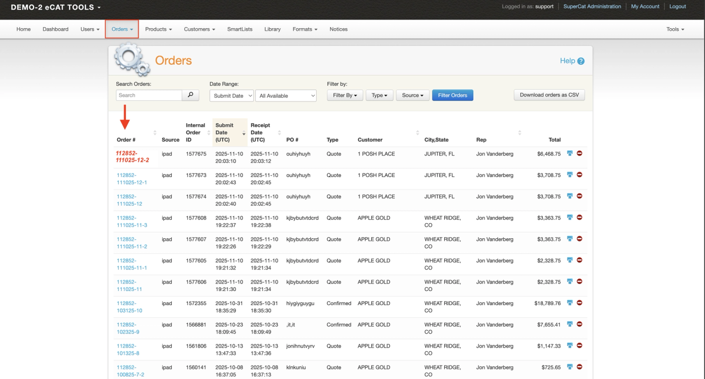 Admin Console Orders list with an arrow pointing to the Order # column, where the top order number appears in red italics.