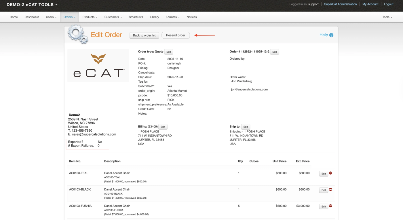 Admin Console Edit Order page with an arrow pointing to the Resend order button next to Back to order list.