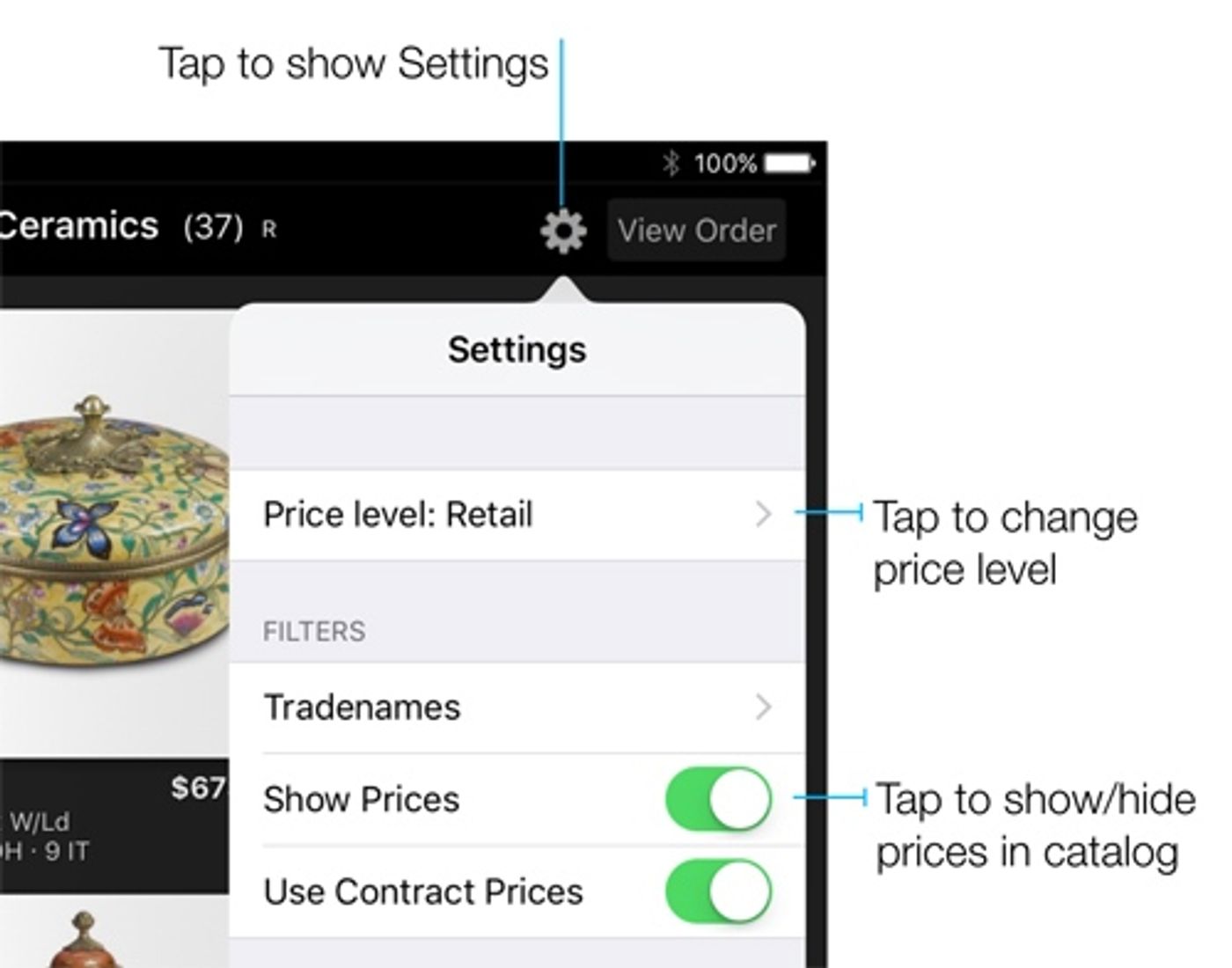 PDF presentations display pricing at the same price level currently selected for the eCat presentation. To set the price level, tap the Settings gear in Quick View, then select the price level to show in the presentation. Or hide pricing altogether.