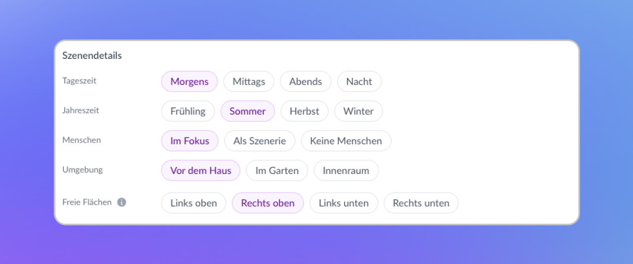 Szenendetails als Auswahl-Chips in Mate: Tageszeit, Jahreszeit, Menschen, Umgebung und freie Flächen