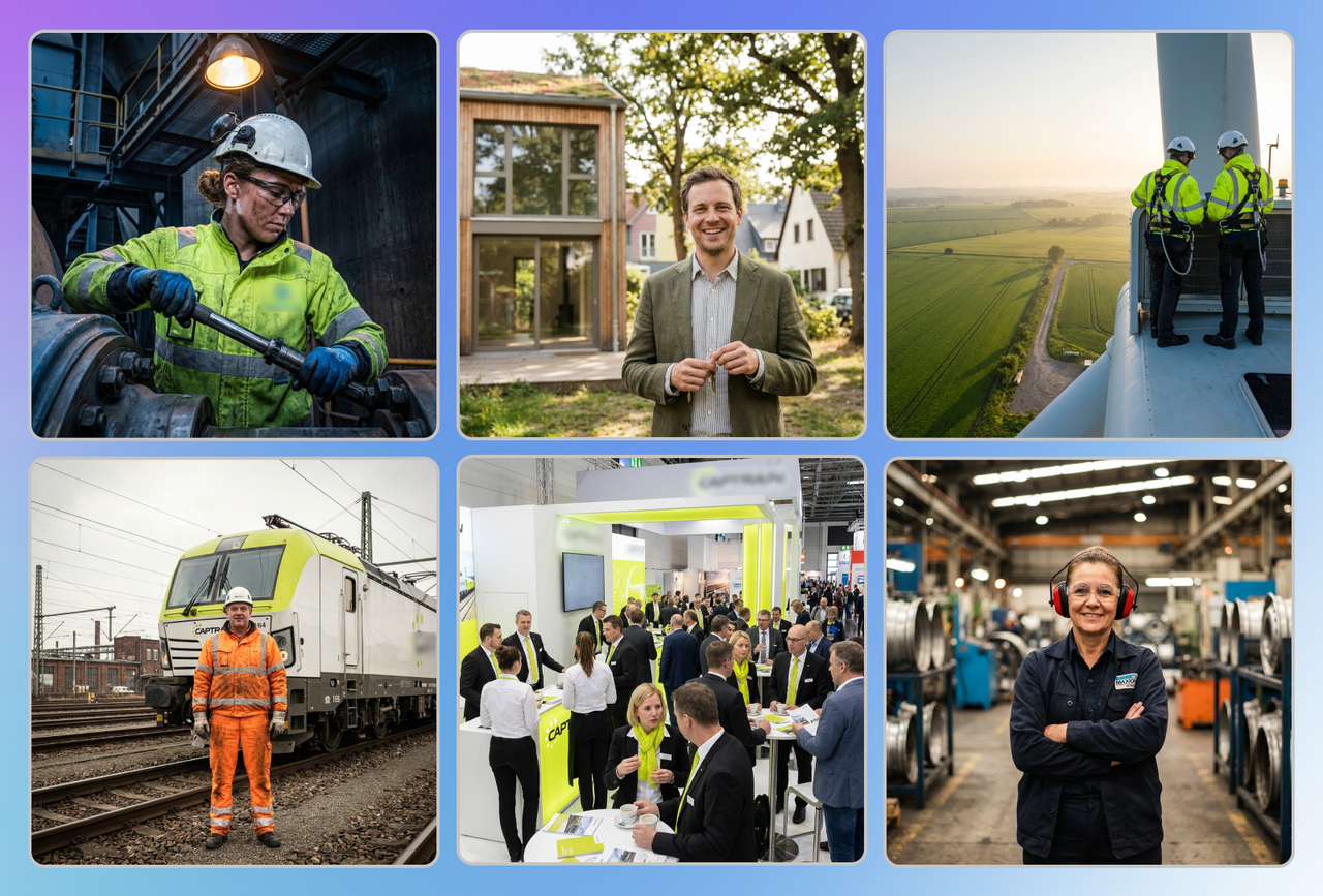 Sechs mit Mate generierte Motive: Mitarbeitende in Arbeitskleidung, Porträt vor einem Gebäude, Windpark, Bahnmitarbeiter, Messestand und Werkstatt