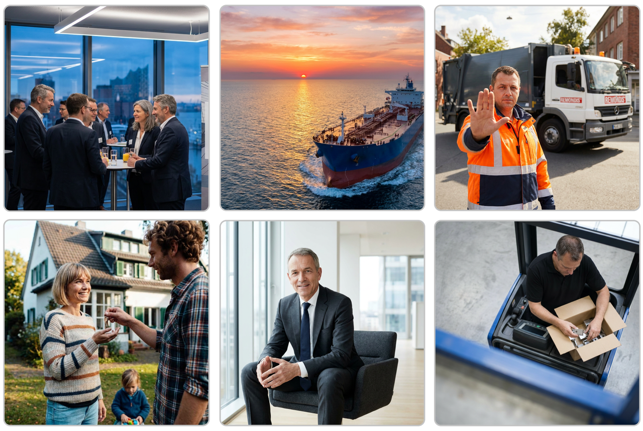 Sechs mit Mate generierte Motive: Messegespräch, Containerschiff, Mitarbeiter vor einem Entsorgungsfahrzeug, Schlüsselübergabe, Porträt und Versandarbeitsplatz