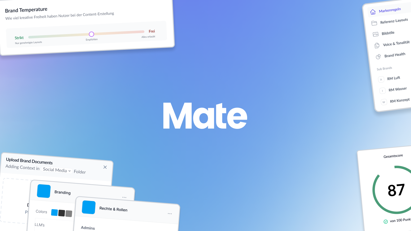 Module des AI Creation HUB von Mate mit Brand-Score und Branding-Einstellungen