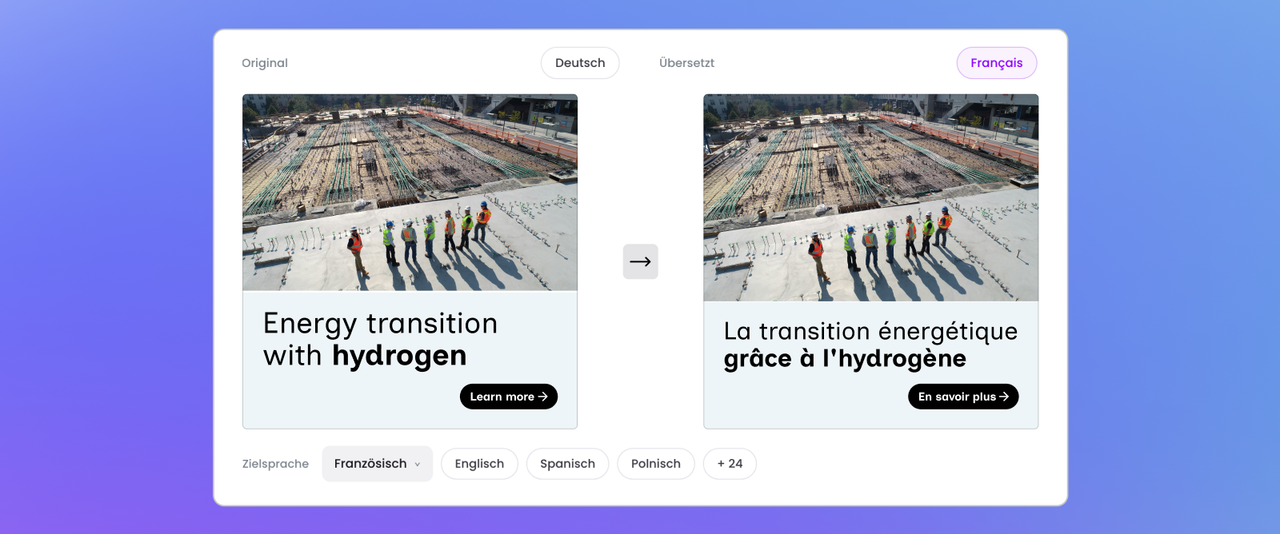 AI-Übersetzung in Mate: Ein Motiv wird vom Englischen ins Französische übertragen, das Layout bleibt erhalten