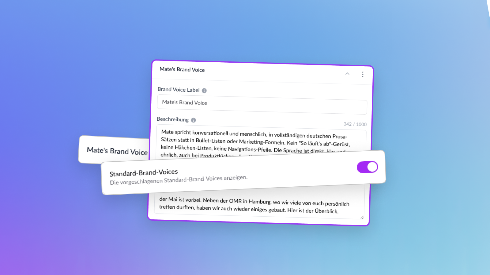 Brand Voice in Mate: Beschreibung der Markentonalität in den Branding-Einstellungen
