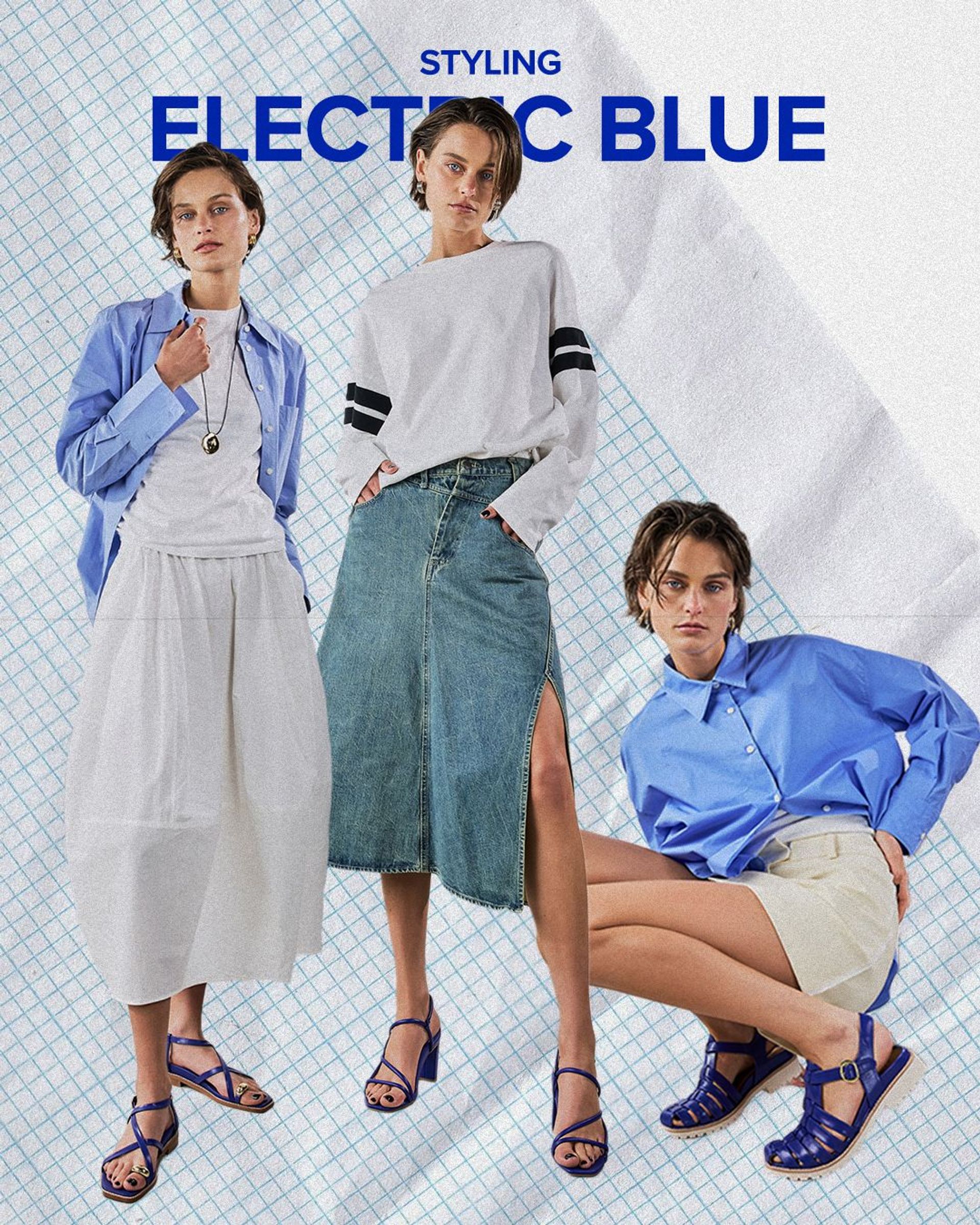 Wondering how to style? Electric Blue thrives on contrast. Layer crisp shirting over a flowing skirt to strike a balance between softness and strength, or pair a slouchy long-sleeve with a denim midi for an off-duty edge. For a sharper take, style an oversized shirt with a mini skirt and let the bold blue deliver the finishing statement.  #baredfootwear